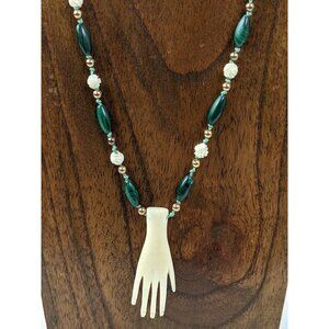 Vintage Mexican Folk Necklace Carved Hand Pendant w/ Malachite & Beads